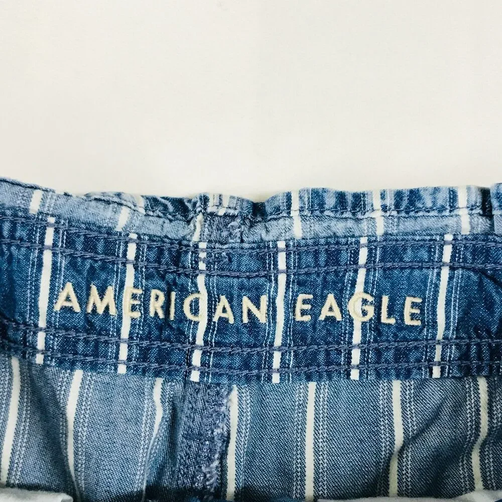 American Eagle Women's 2 Shorts Blue Striped Chambray Paperbag Tie Cuffed CE6